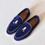 Loro Piana Summer Charms Walk Suede Loafers Royal Blue With White Trim