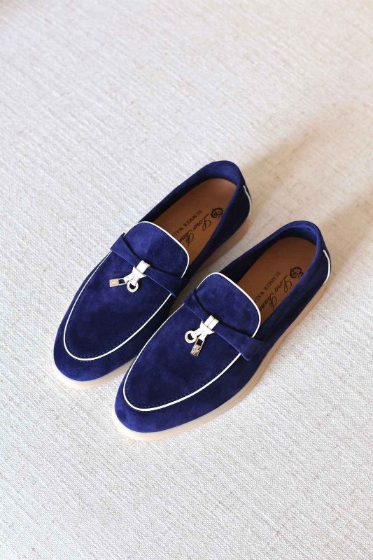 Loro Piana Summer Charms Walk Suede Loafers Royal Blue With White Trim