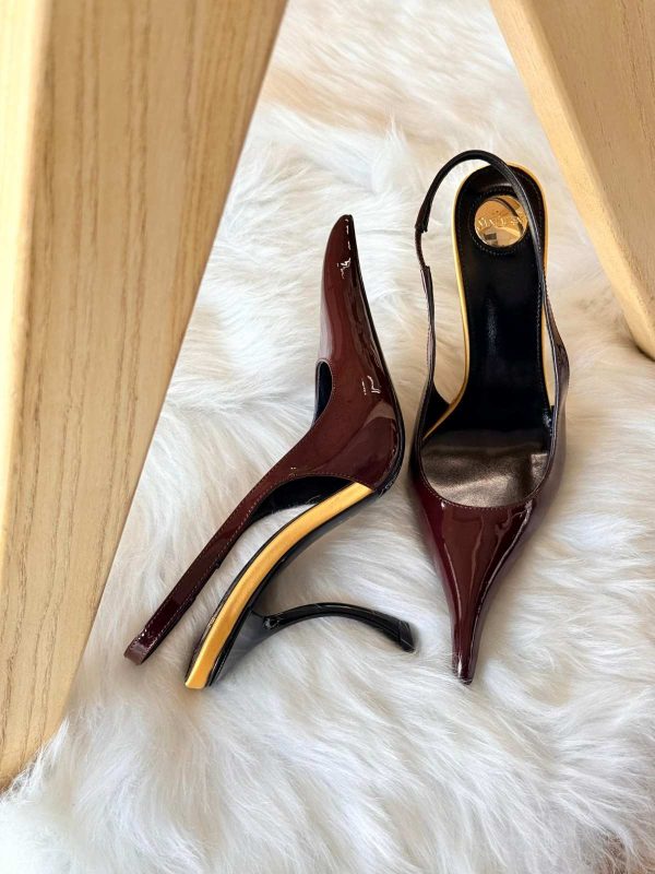 Saint Laurent Amalia 110 Slingback Pumps In Burgundy With Gold