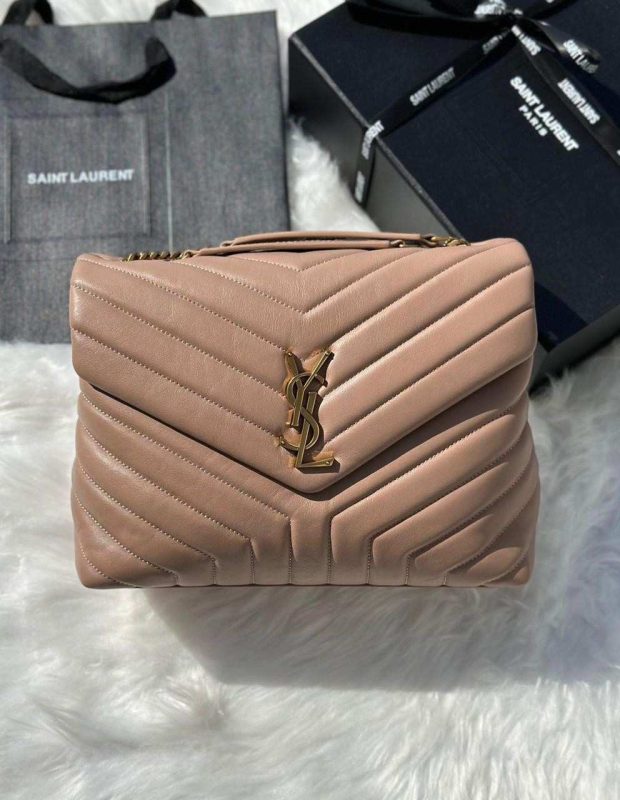 Saint Laurent Loulou Medium Dark Beige Matelasse Lambskin Shoulder Bags