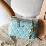 Chanel Light Blue Small Pearl Crush Quilted Lambskin Vanity Case With Chain