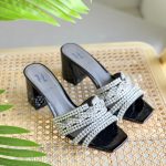 Gina Black & Silver Croc Embossed Patent Leather Rodeo Crystal Embellished Block Heel