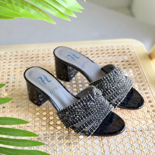 Gina Black Croc Embossed Patent Leather Rodeo Crystal Embellished Block Heel