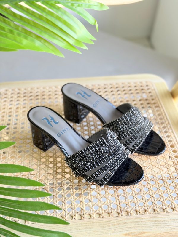Gina Black Croc Embossed Patent Leather Rodeo Crystal Embellished Block Heel
