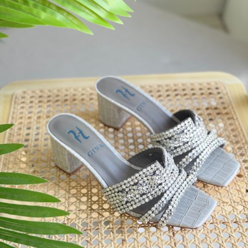 Gina Rodeo Crystal Silver Croc Leather Heels
