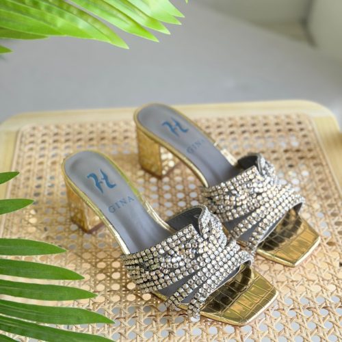 Gina Rodeo Crystal Gold Croc Leather Heels