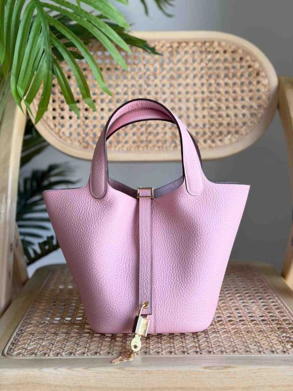 Hermes Picotin Lock 18 Rose Sakura Taurillon Clemence Leather Top Handles Bags