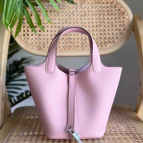 Hermes Picotin Lock 22 Rose Sakura Taurillon Clemence Leather Top Handles Bags