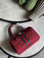 Gucci Small Burgundy Ophidia GG Canvas Crystals Boston Bag