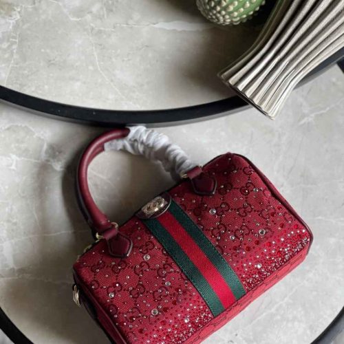 Gucci Small Burgundy Ophidia GG Canvas Crystals Boston Bag
