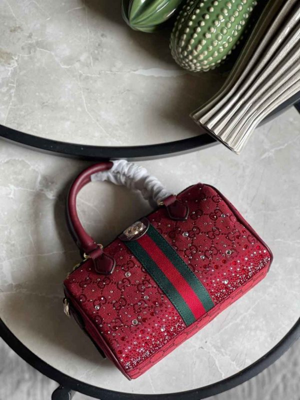 Gucci Small Burgundy Ophidia GG Canvas Crystals Boston Bag