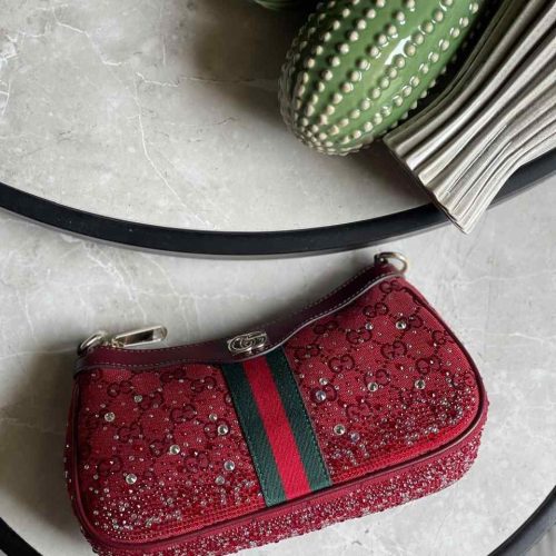 Gucci Small Burgundy Ophidia Crystals Canvas Shoulder Bag