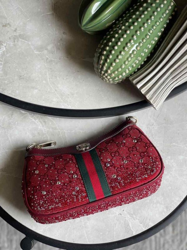 Gucci Small Burgundy Ophidia Crystals Canvas Shoulder Bag