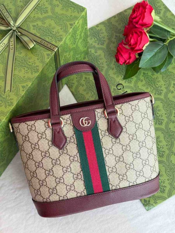 Gucci Ophidia Tote Small Beige and Burgundy
