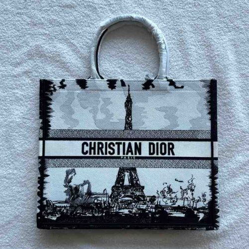 Dior Book Tote Large Eiffel Tower Embroidery White and black