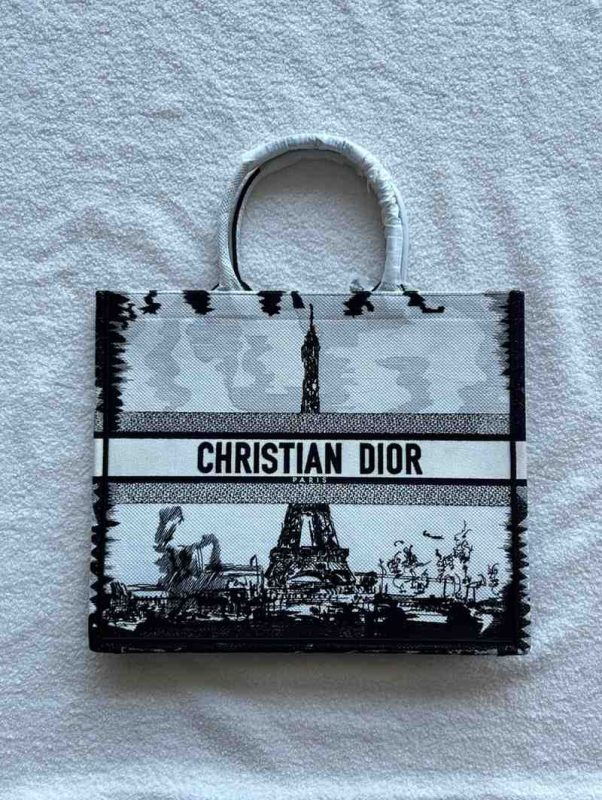 Dior Book Tote Large Eiffel Tower Embroidery White and black