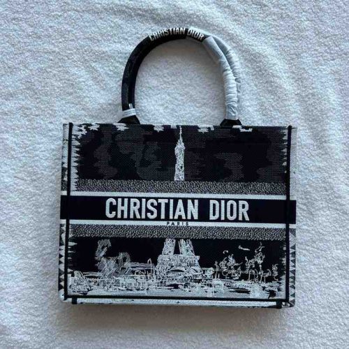 Dior Book Tote Medium Black White Paris Embroidery
