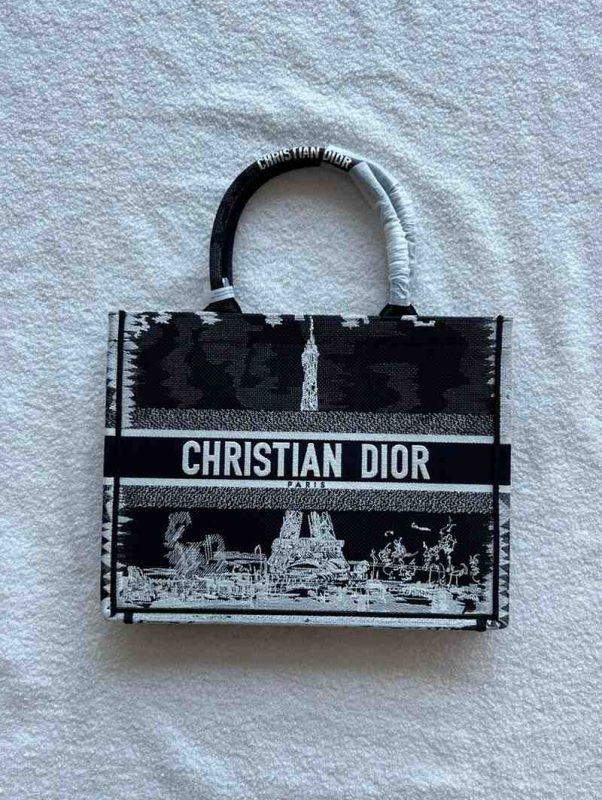 Dior Book Tote Medium Black White Paris Embroidery