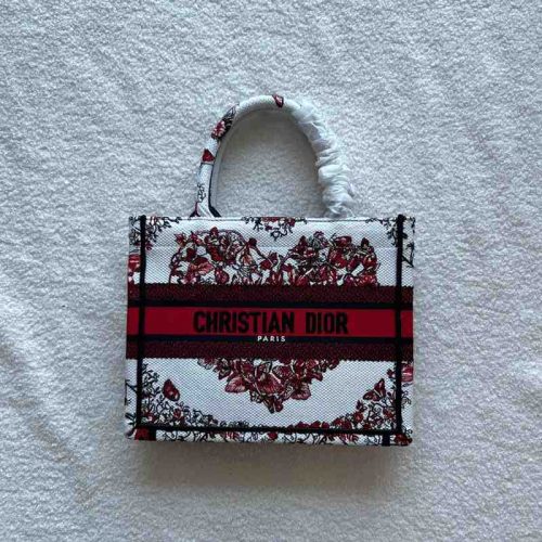 Dior Red And White Heart Embroidery Small Book Tote Bag