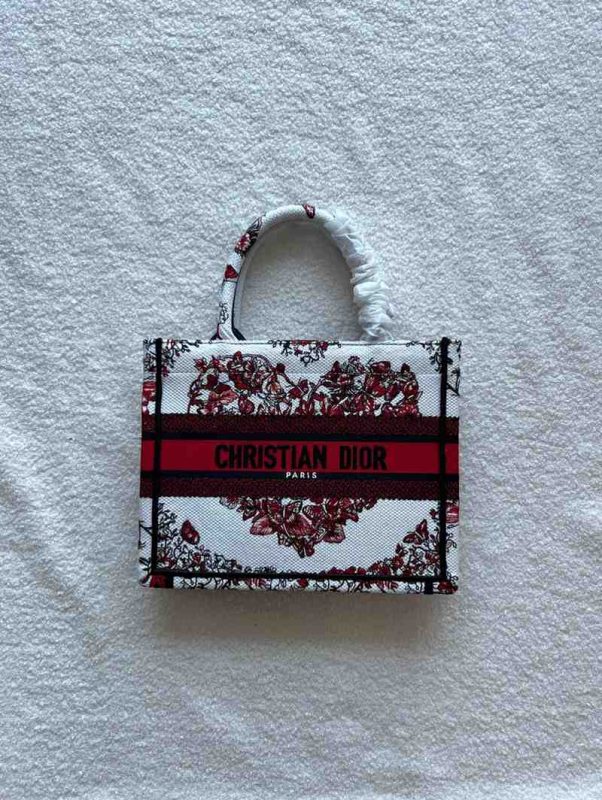 Dior Red And White Heart Embroidery Small Book Tote Bag