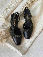 Chanel Black & Gold Tweed Slingback Pumps