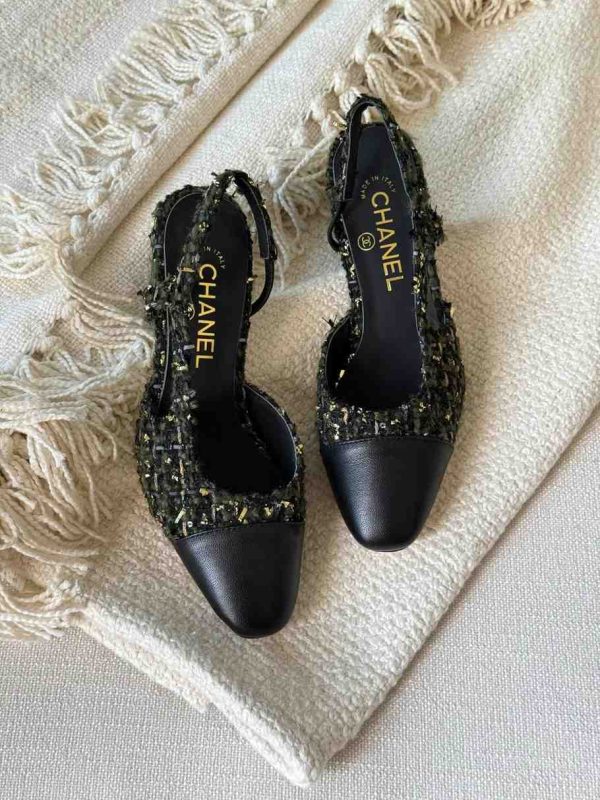 Chanel Black & Gold Tweed Slingback Pumps
