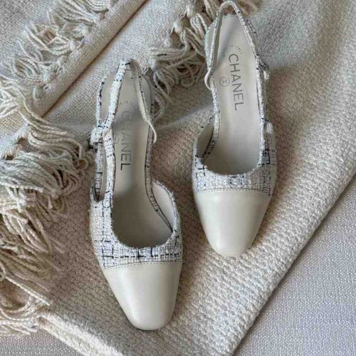 Chanel Ivory Black Tweed Lambskin Cap Toe CC Logo Slingback Pumps