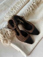 Chanel Brown Tweed Lambskin Cap Toe CC Slingback Pumps