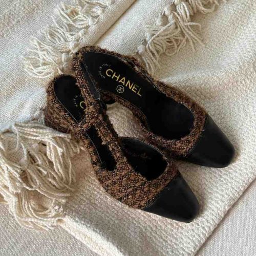 Chanel Brown Tweed Lambskin Cap Toe CC Slingback Pumps
