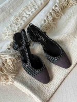 Chanel Black Silver Tweed Lambskin Studded Cap Toe CC Slingback Pumps