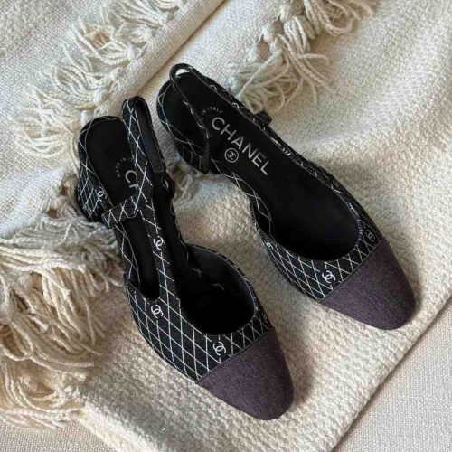 Chanel Black Silver Tweed Lambskin Studded Cap Toe CC Slingback Pumps