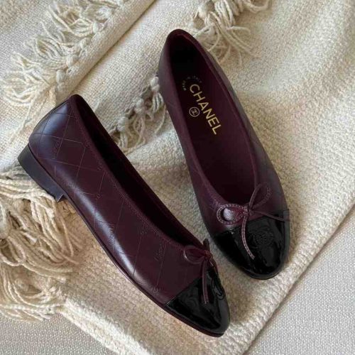 Chanel Burgundy And Black Lambskin Cap Toe CC Ballerina Flats