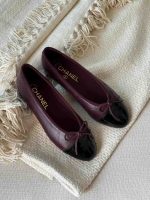 Chanel Burgundy And Black Lambskin Cap Toe CC Ballerina Flats