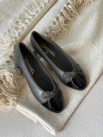 Chanel Grey And Black Lambskin Cap Toe CC Ballerina Flats