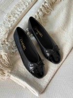 Chanel Black Lambskin Patent Cap Toe CC Ballerina Flats
