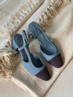 Chanel Blue Denim Tweed Fabric Cap Toe CC Slingback Pumps