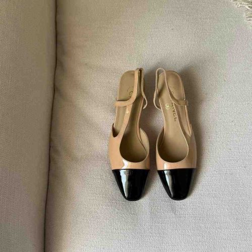 Chanel Beige Black Lambskin Leather CC Slingback Pumps