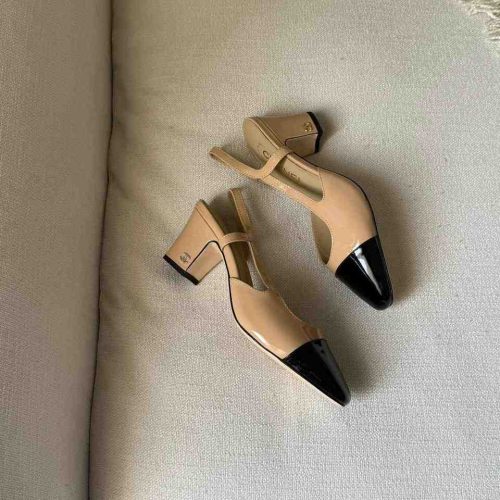 Chanel Beige Black Lambskin Leather CC Slingback Pumps