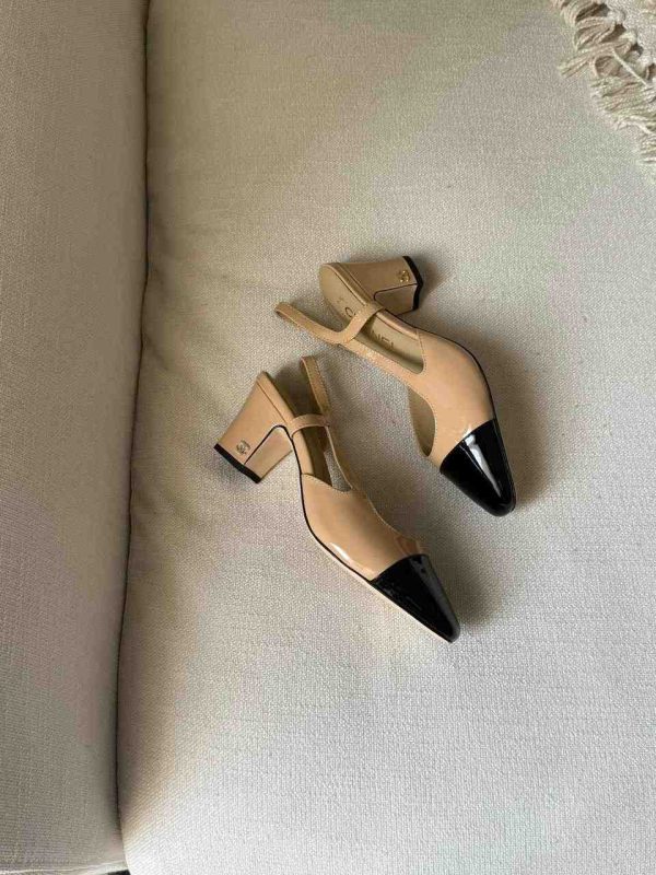 Chanel Beige Black Lambskin Leather CC Slingback Pumps