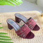 Gina Red Croc Embossed Patent Leather Rodeo Crystal Embellished Block Heel