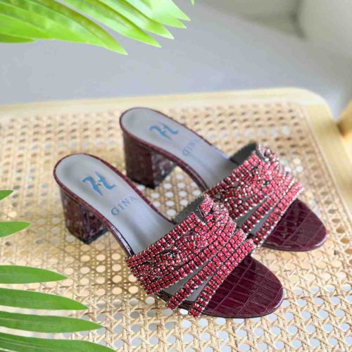 Gina Red Croc Embossed Patent Leather Rodeo Crystal Embellished Block Heel