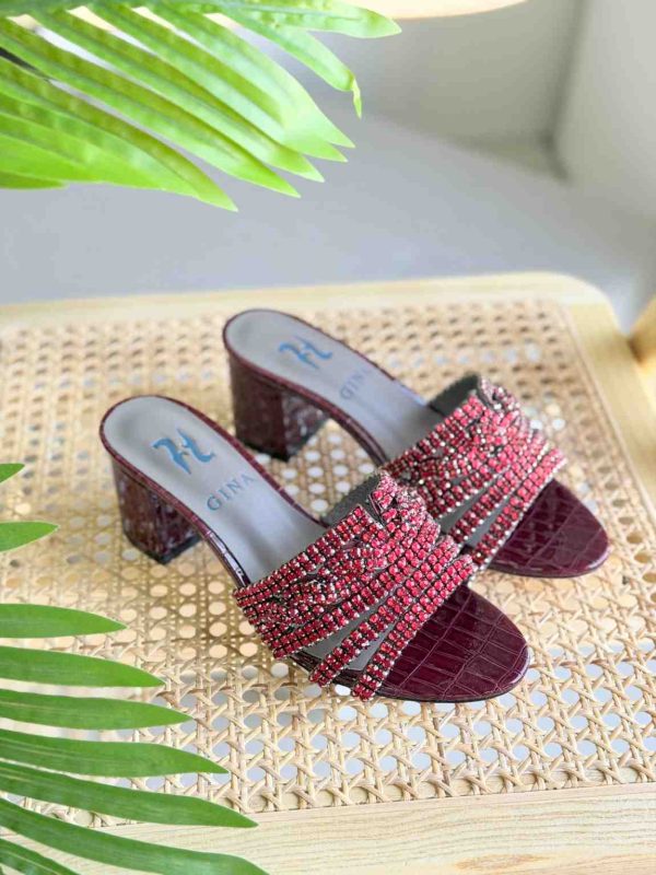 Gina Red Croc Embossed Patent Leather Rodeo Crystal Embellished Block Heel