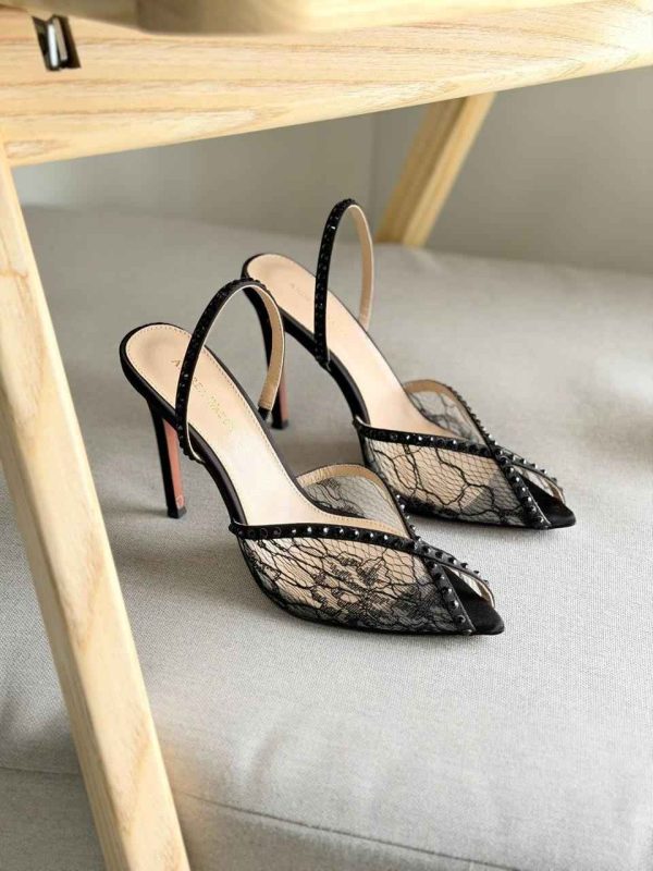 Andrea Wazen Katy 105mm Black Lace & Satin Slingback Pumps