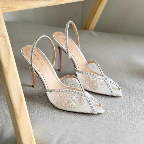 Andrea Wazen Katy 105mm Lace & Satin Slingback Pumps