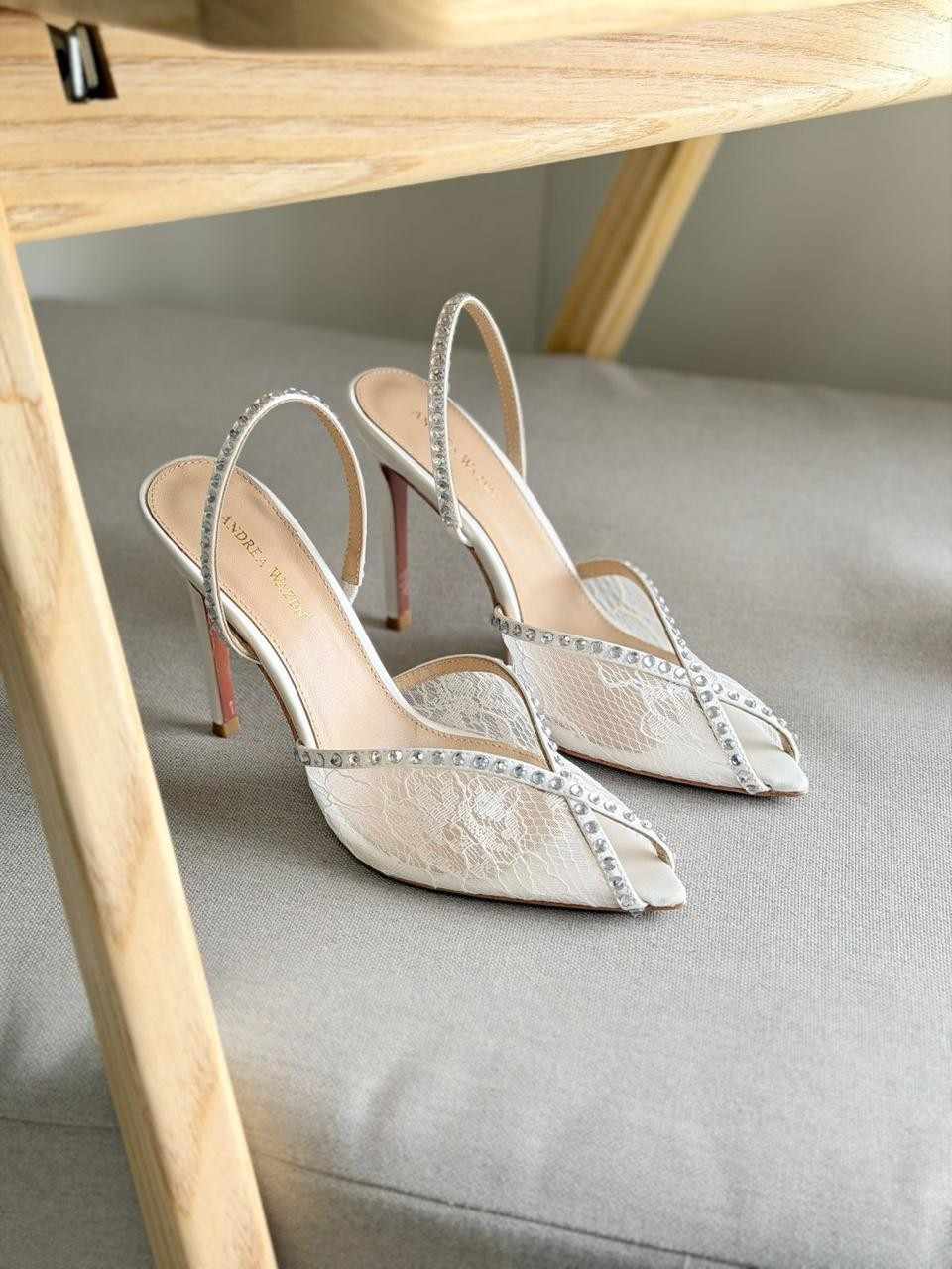 Andrea Wazen Katy 105mm Lace & Satin Slingback Pumps Andrea Wazen Katy 105mm Lace & Satin Slingback Pumps