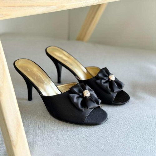 Chanel Black Satin Camellia Flower Pearl Detail Heels