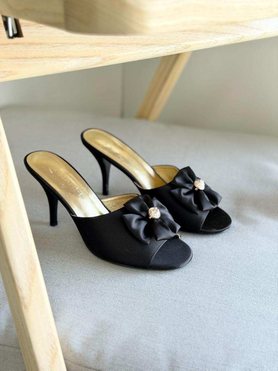 Chanel Black Satin Camellia Flower Pearl Detail Heels Chanel Black Satin Camellia Flower Pearl Detail Heels