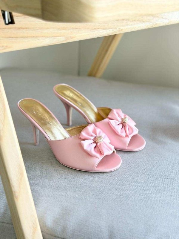 Chanel Pink Satin Camellia Flower Pearl Detail Heels
