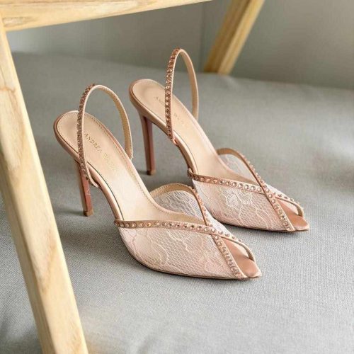 Andrea Wazen Katy 105mm Champagne Lace & Satin Slingback Pumps