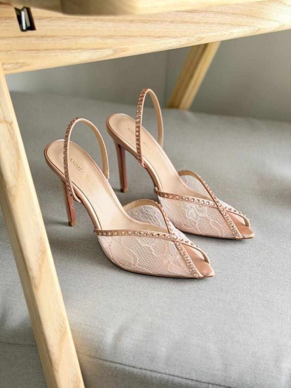 Andrea Wazen Katy 105mm Champagne Lace & Satin Slingback Pumps